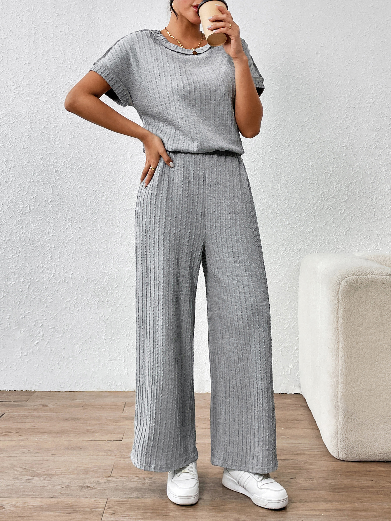 Picture of Spring and Summer Cross-Border European and American Jacquard Twisted Striped Top Wide-Leg Trousers Suit Fashionable Casual Simple Two-Piece Set