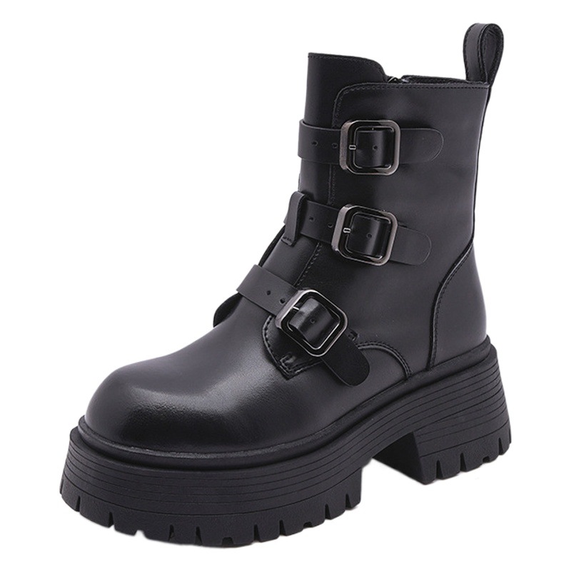 Genuine Leather Boots for Women 2024 New Winter Velvet Warm Thick-Soled Mid-Calf Boots Black Retro Versatile Short Boots