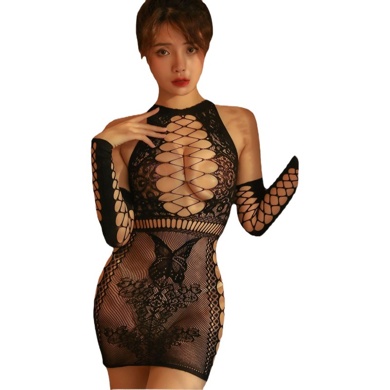 Sexy Underwear Hollow Vest Hip Skirt Temptation Dew Perspective Sexy Net Clothes Butterfly Jacquard Uniform plus size