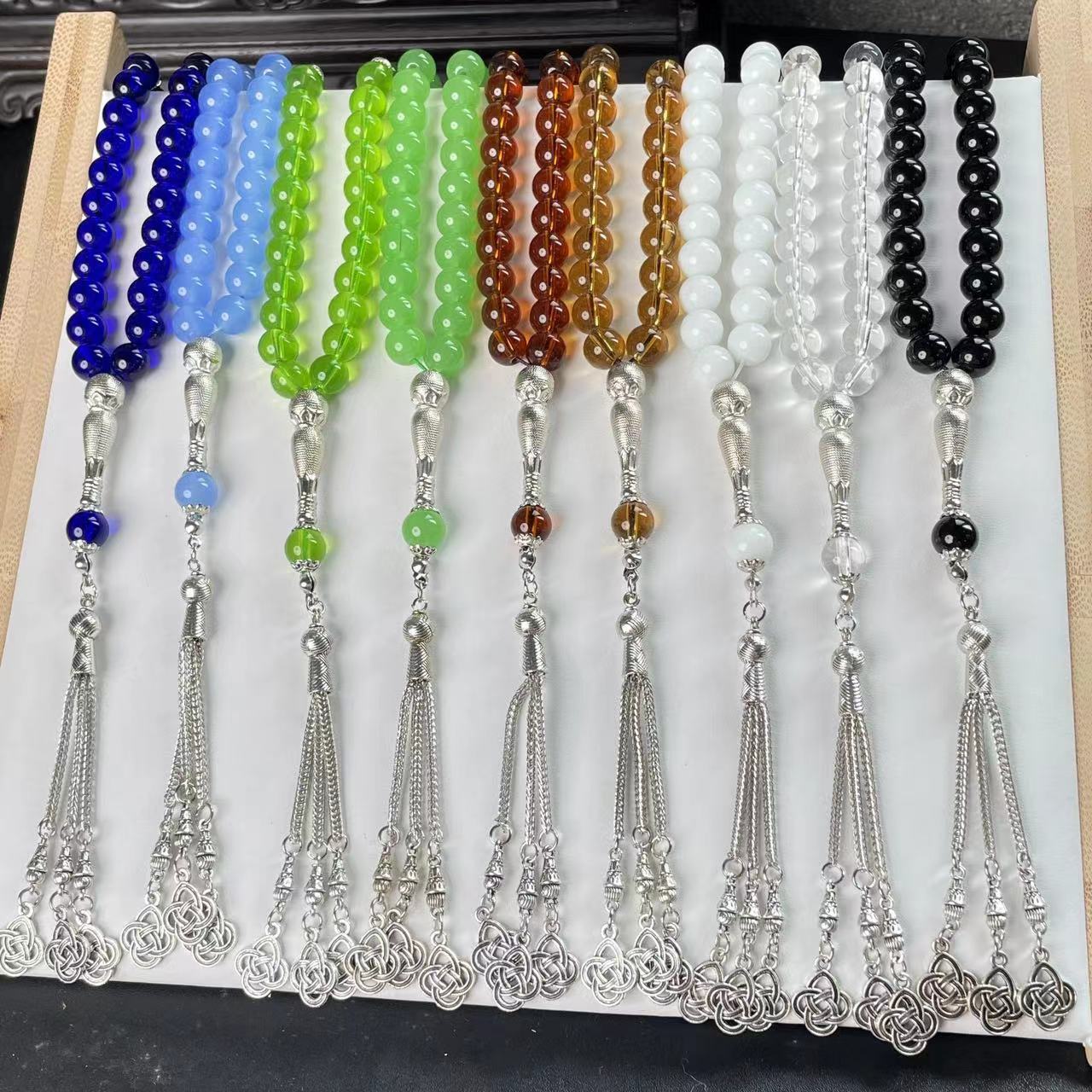 Picture of 33 10cm Porcelain Glass Obsidian Dark Blue Undersea Rosary Bracelets Classical Tassel Arabic Bracelets