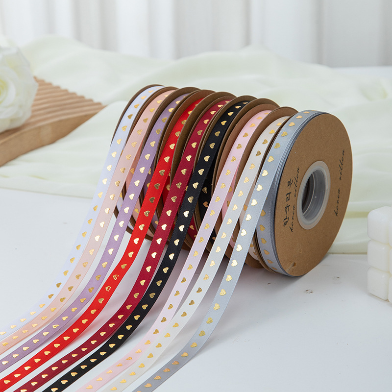 1cm Hot Stamping Heart Ribbon Custom Bouquet Packaging Cake Baking Bow Ribbon DIY Ribbon Ribbon Streamer