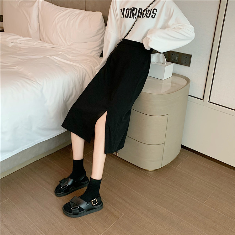 Suit Fabric Mid-length Skirt Women's Autumn Black Slimming High Waist A- shape Dipped Casual Split Elegant Skirt