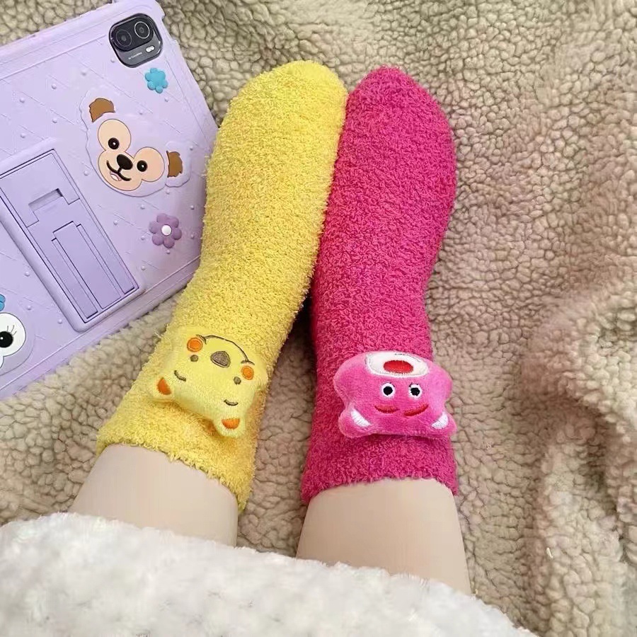 Picture of Winnie the Poochow Socks Girls Cute Coral Fleece Cyber Popular Plush Socks Winter Thickened Mid-tube Socks All-match Sleep Socks