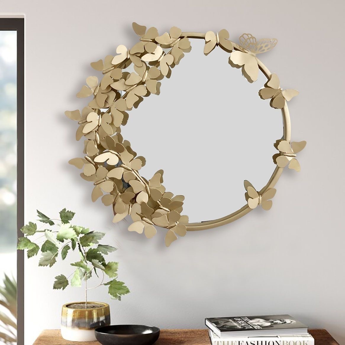 Picture of Foreign Trade Iron Mirror Wall Hanging Classical Butterfly Round Mirror Bedroom Personality Makeup Mirror Wall Background Wall Decorative Mirror