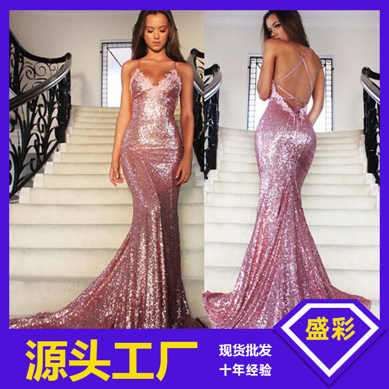 Picture of 2025 Summer New European and American Export Women's Clothing Amazon Ebay Sexy Suspender Sequin V Neck Fishtail Evening Dress