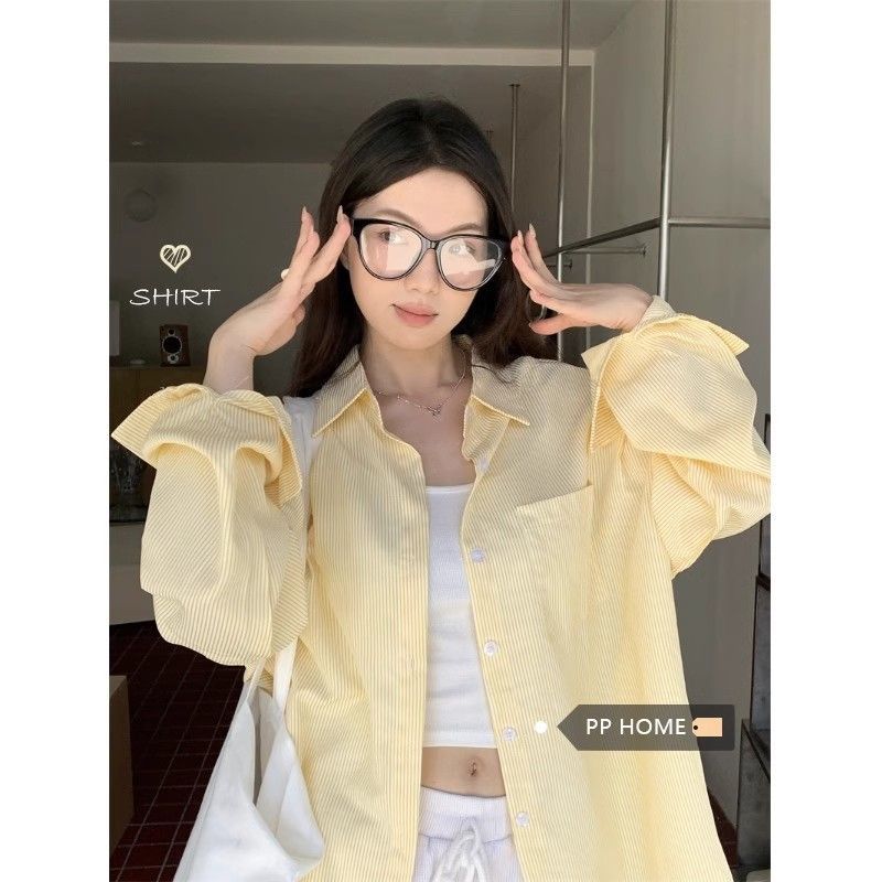 Retro Hong Kong Style Striped Shirt Jacket Women's Spring and Summer Long-Sleeved Casual Drape Shirt Design Top Cross-Border Wholesale