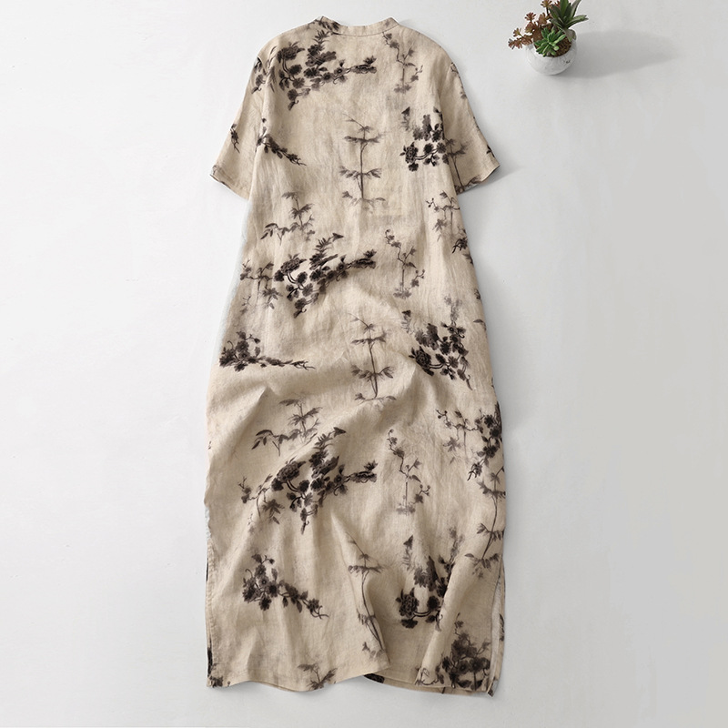 Picture of Real Shot 2024 Summer New Chinese National Style Printed Loose plus size Women's Wear Slimming Modified Cheongsam Linen dress