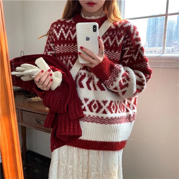 Factory Spring and Autumn New Women's Vintage Loose Casual Jacquard Ethnic Thick Geometric Pattern New Year Christmas Sweater