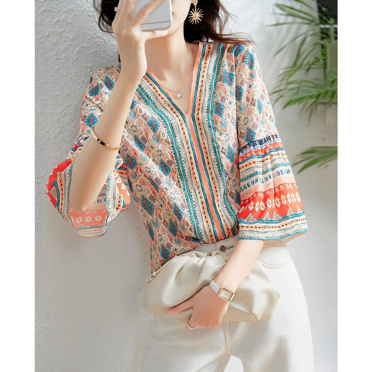 Ethnic Style Printed Chiffon Shirt 2023 Summer V-Neck Loose Trumpet Seven-Sleeve Shirt Women's Top