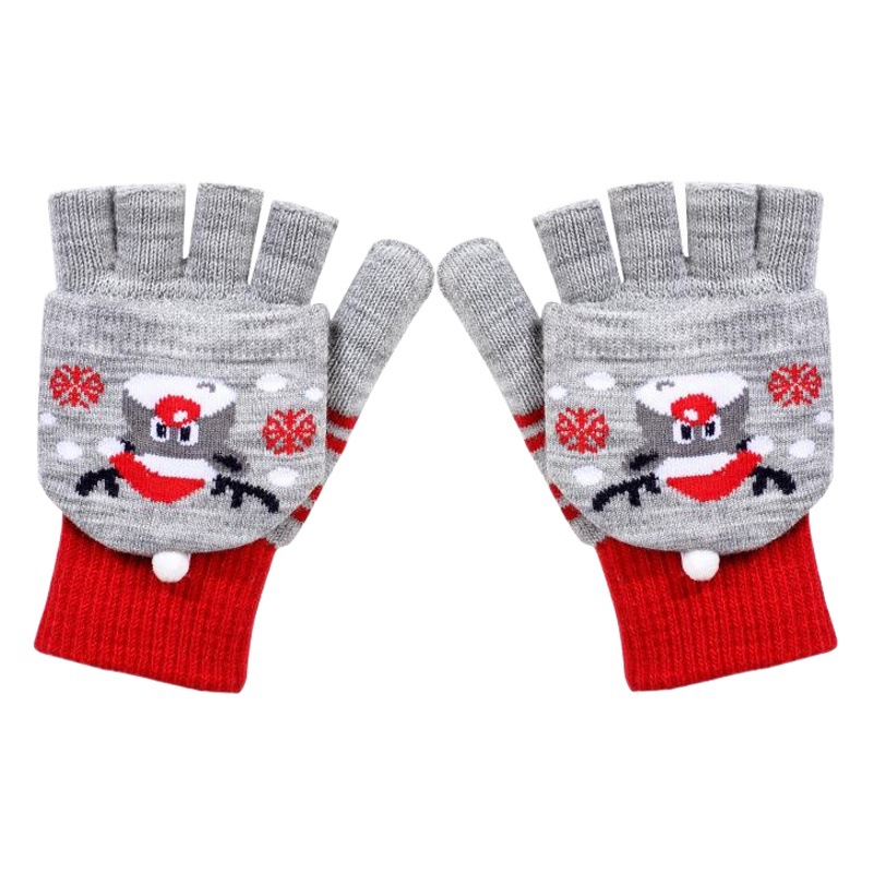 Christmas Gloves Women's Winter Half Finger Flip Cold-proof Warm Knitted Wool Cute Cartoon Finger-exposed Student Gloves