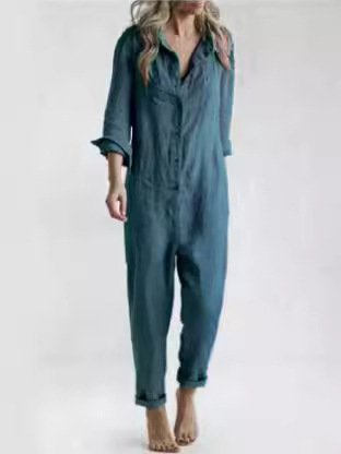 Picture of 2024 cross-border foreign trade hot casual lapel pocket long sleeve solid color cotton jumpsuit green