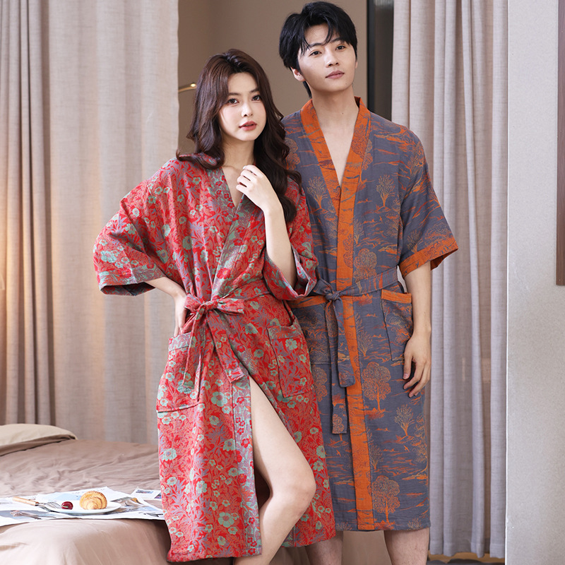Picture of Class A Spring and Summer Thin Pajamas Pure Cotton Double Gauze Bathrobe Home Clothes Nightgown Couple's Water Absorbent Quick-drying Bathrobe
