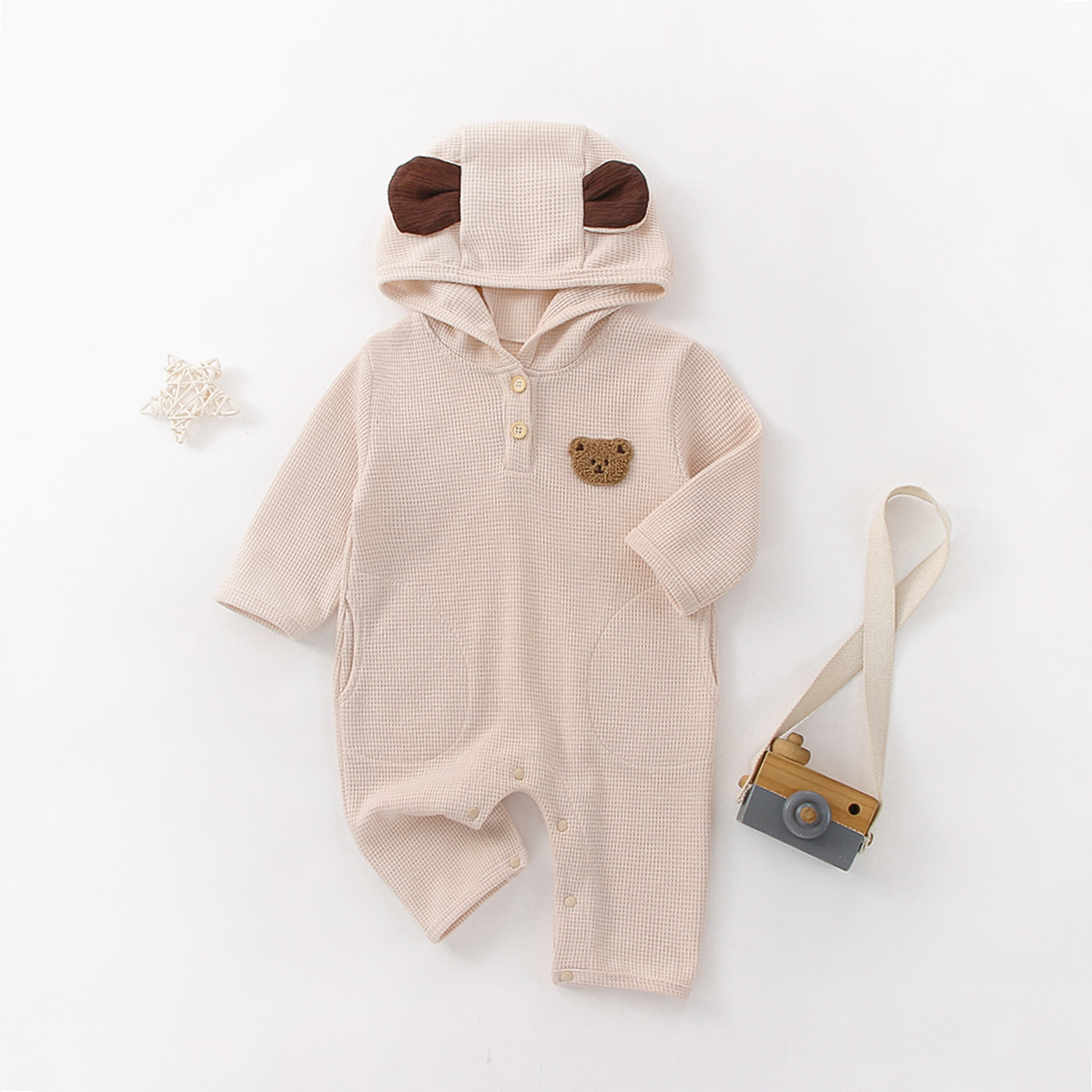 Picture of Baby Autumn Jumpsuit Baby Cartoon Bear Waffle Hooded Outdoor Crawling Suit Newborn Long-Sleeved Clothes