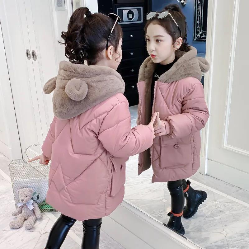 Girls' 2021 Western Style Cotton Coat Autumn and Winter Clothes Korean Style Hooded Cartoon Cotton Coat for Little Girls Mid-length Cotton-padded Jacket Warm-keeping Trendy