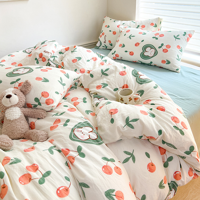 Picture of Class A Mother and Infant Grade Washed Cotton Four-piece Set Cotton ins Style Cartoon Fresh Cotton Bed Cover Three-piece Set