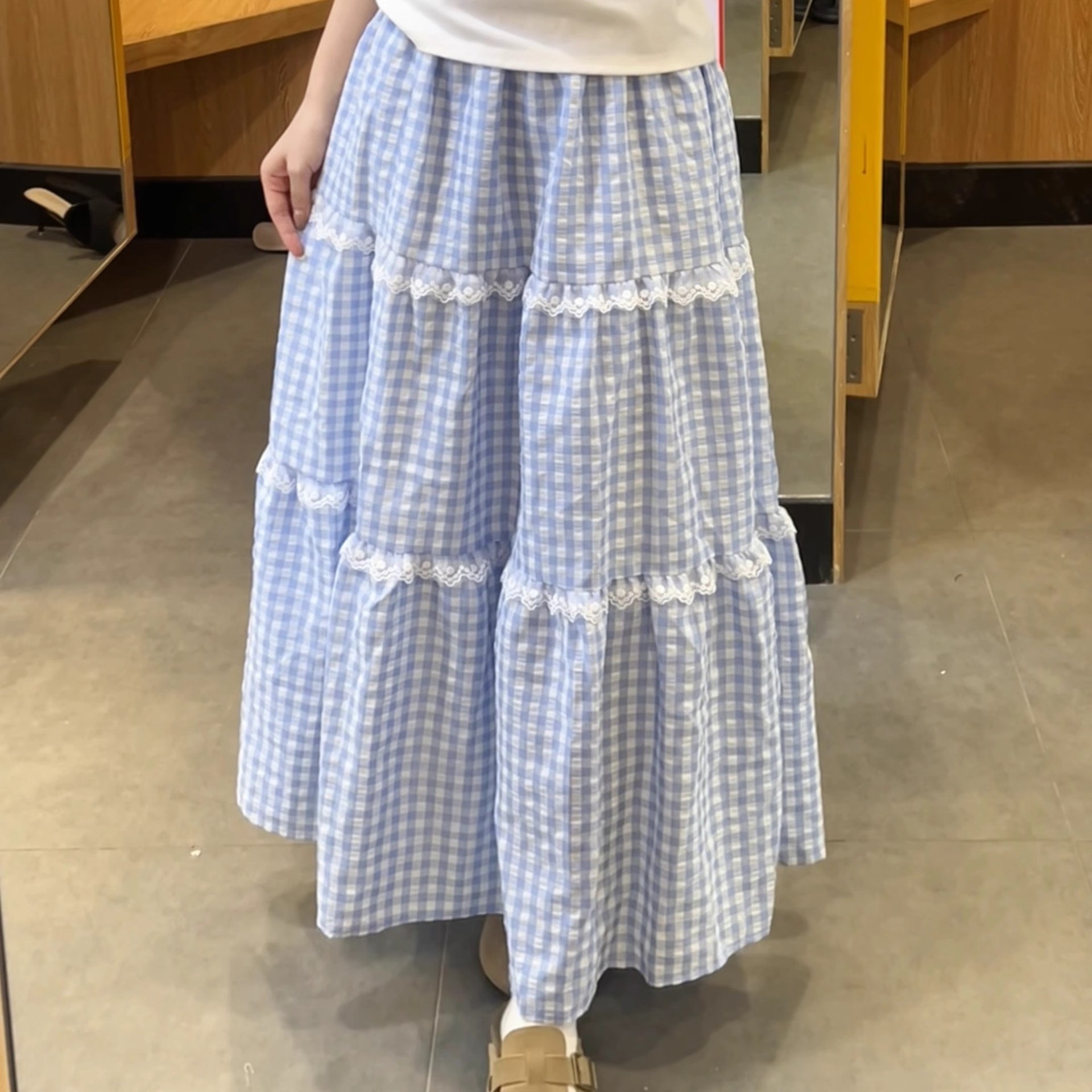 Cake Skirt Splicing New Summer Drapey Loose Plaid Skirt Women's Lace High-Waisted Slimming A-Line Skirt Heavy Craftsmanship