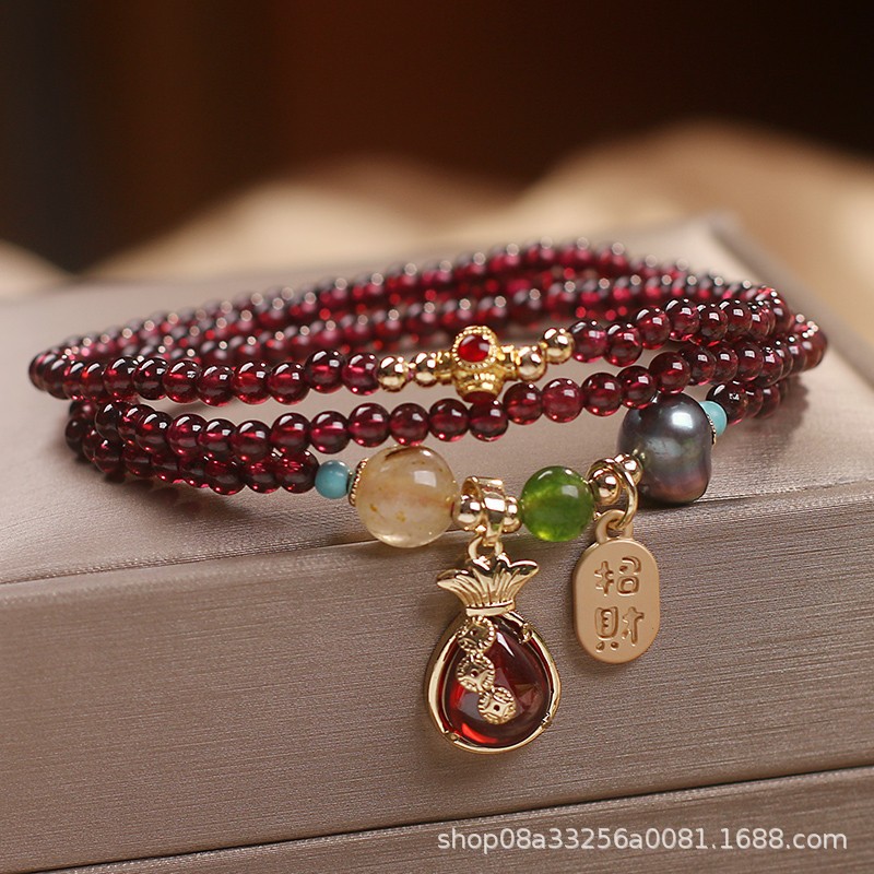 Natural multi-ring garnet bracelet female bracelet ancient style national fashion money bag pendant bracelet holiday gift bracelet wholesale