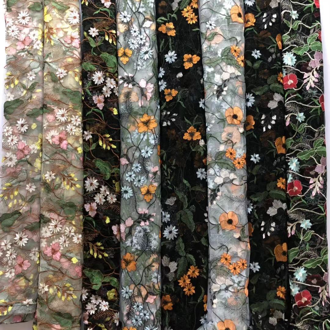 Spring and Summer new mesh multi-color embroidered fabric ancient costume children's clothing hanfu dress round fan embroidered lace fabric