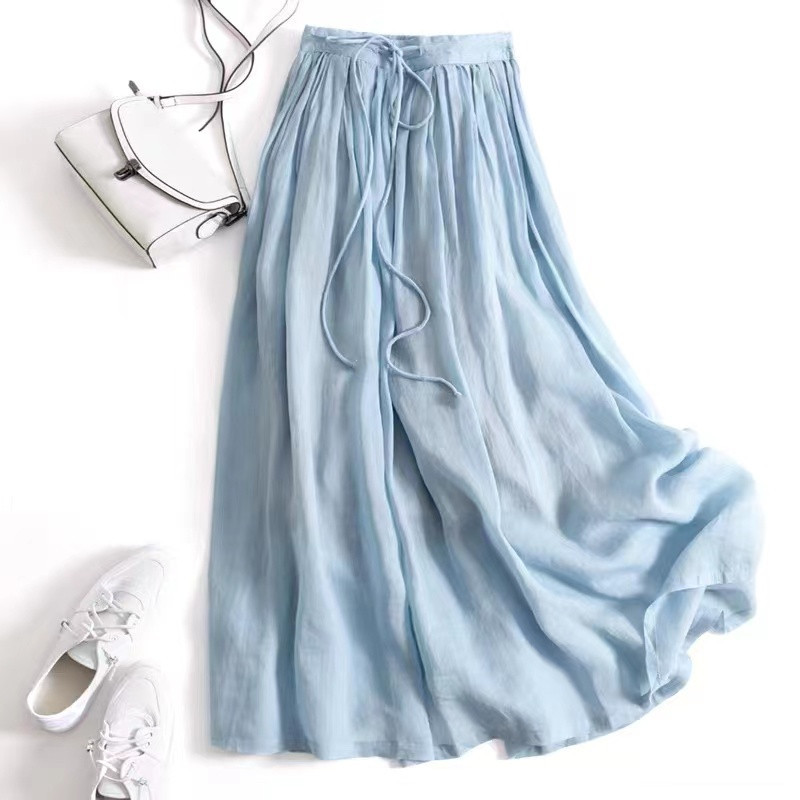 2024 Summer New Style Elegant Linen Skirt Long Skirt Cotton Linen Loose Waist Loose Slimming Artistic Large Swing Skirt for Women