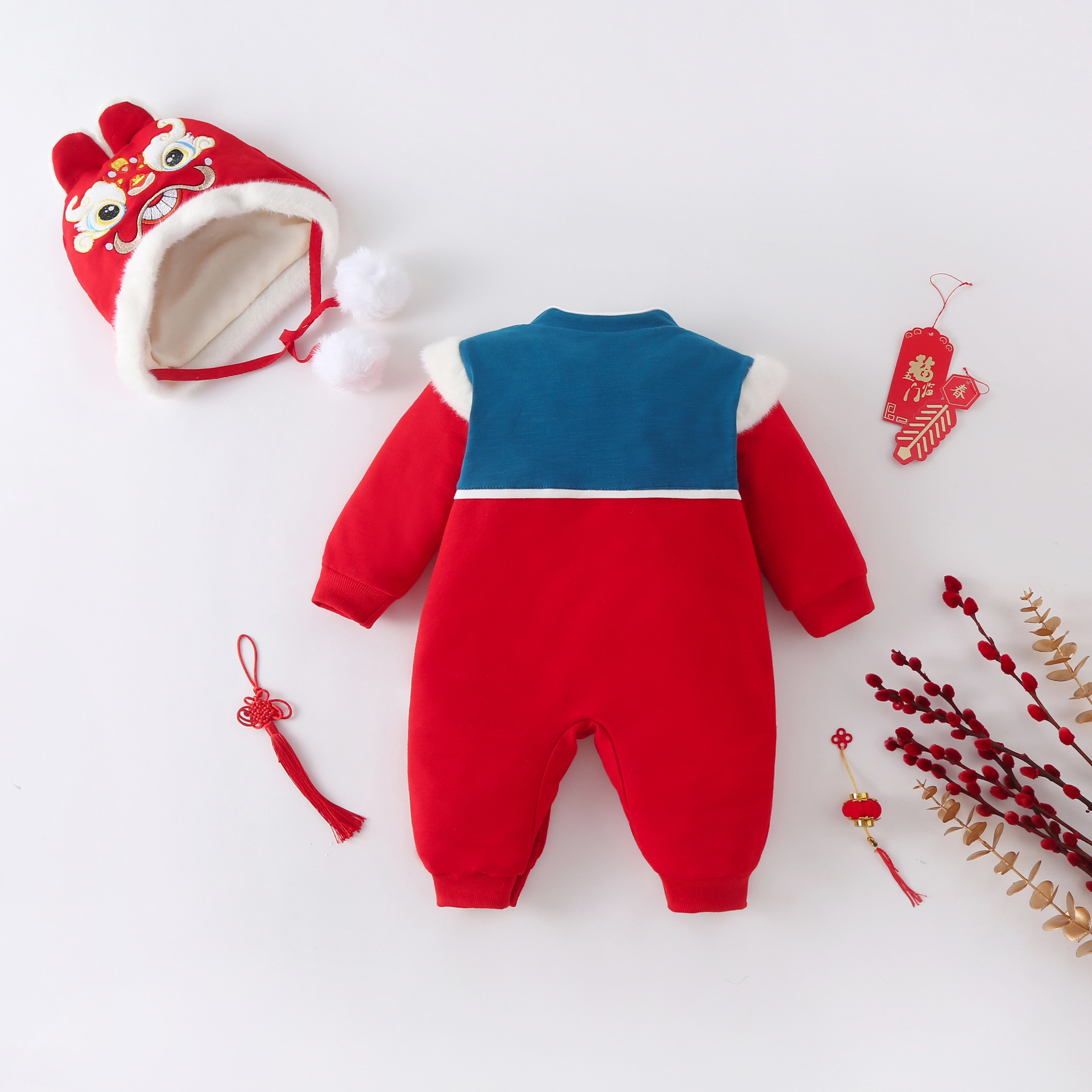 Picture of Chinese style winter baby romper New Year romper male and female baby double layer fleece-lined thickened Tiger year sweater New Year greeting clothes