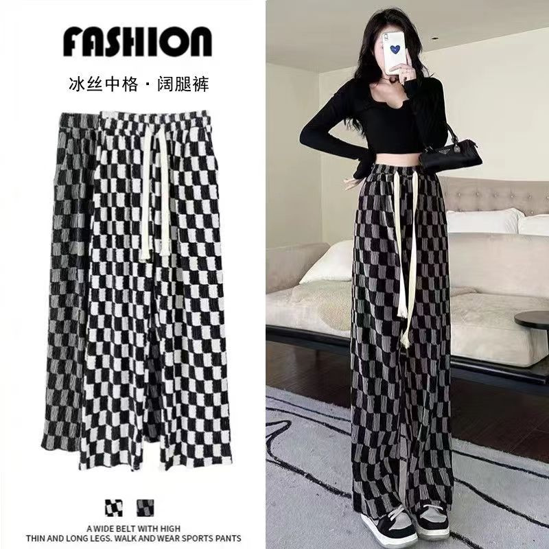 New chessboard Plaid wide-leg pants women's thin loose pleated straight casual pants slimming draping ice silk mopping pants
