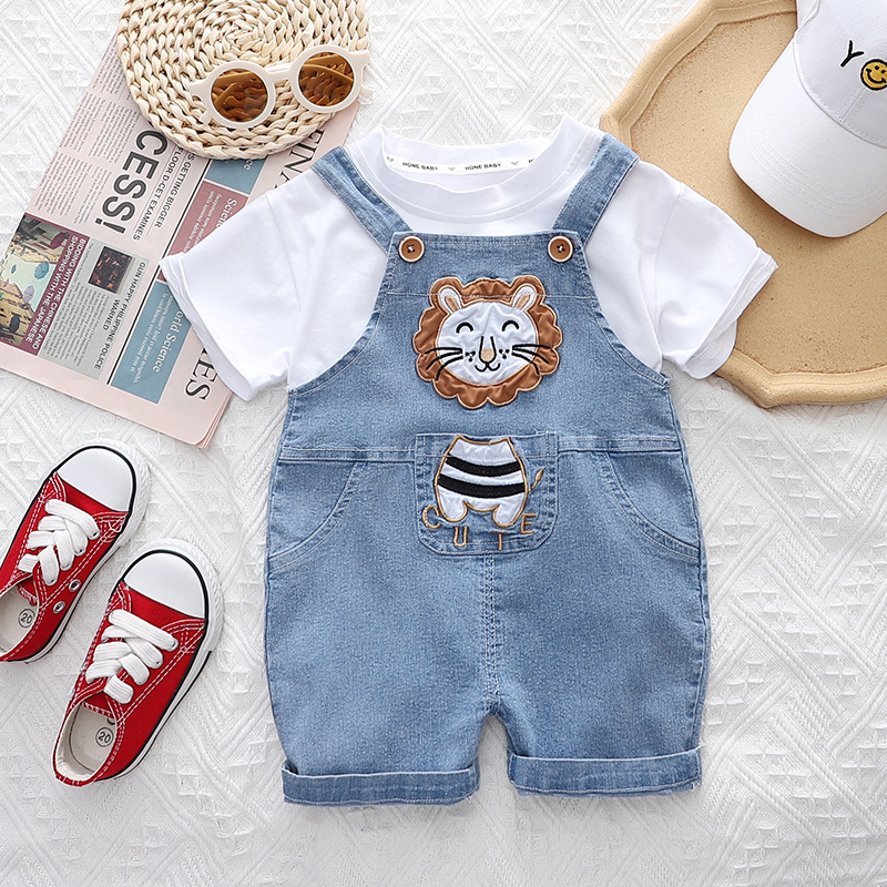 Picture of Children's Korean-style summer suit Boy's cartoon lion short-sleeved girl's baby Denim suspender pants one-piece delivery