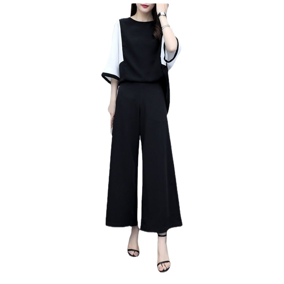 2023 new women's spring and summer two-piece pants stitching loose top wide leg pants casual fashion suit female plus size