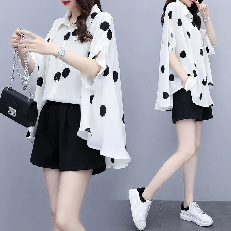 New chiffon suit 2024 spring/summer polka dot fashion plus size loose slimming elegant western style shorts two-piece set