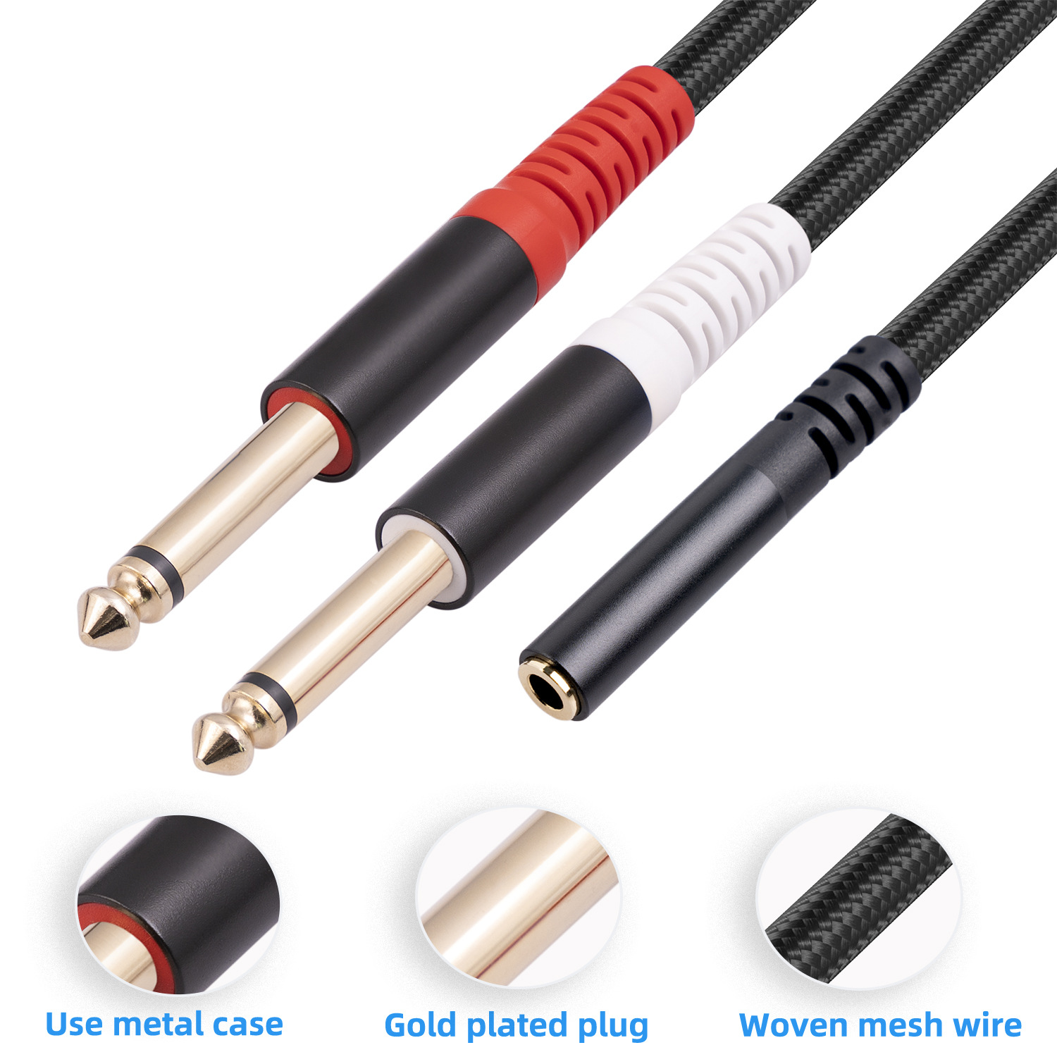 Picture of Shielded wire aluminum alloy shell stereo 3.5mm female to dual 6.35 TS 1/4 mono audio cable 0.3 m