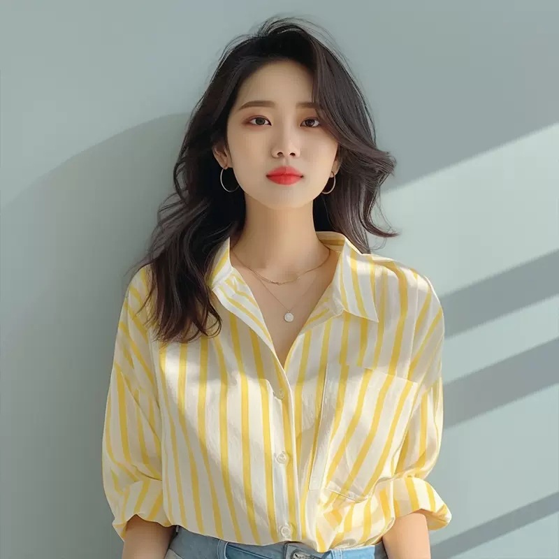 Goose Yellow Slim-fit Waist Striped Shirt Shirt 2024 New Design Sense Women's Niche Salt Wear Top