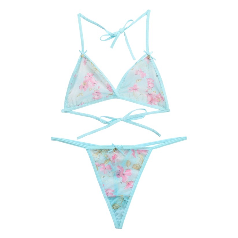 New Product Printed European and American Mesh Yarn Interior Emotional Lingerie Strap Bra Set Girl Sexy Lace Temptation Three Points
