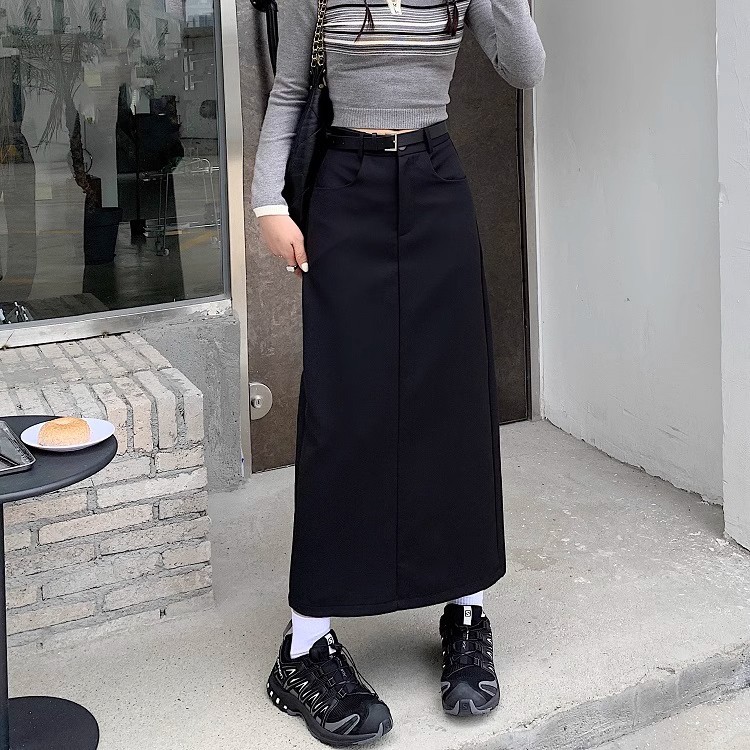 Grey A- line Skirt Women's Autumn Mid-length 2023 New High Waist Professional One-step Hip Skirt Autumn and Winter Dress