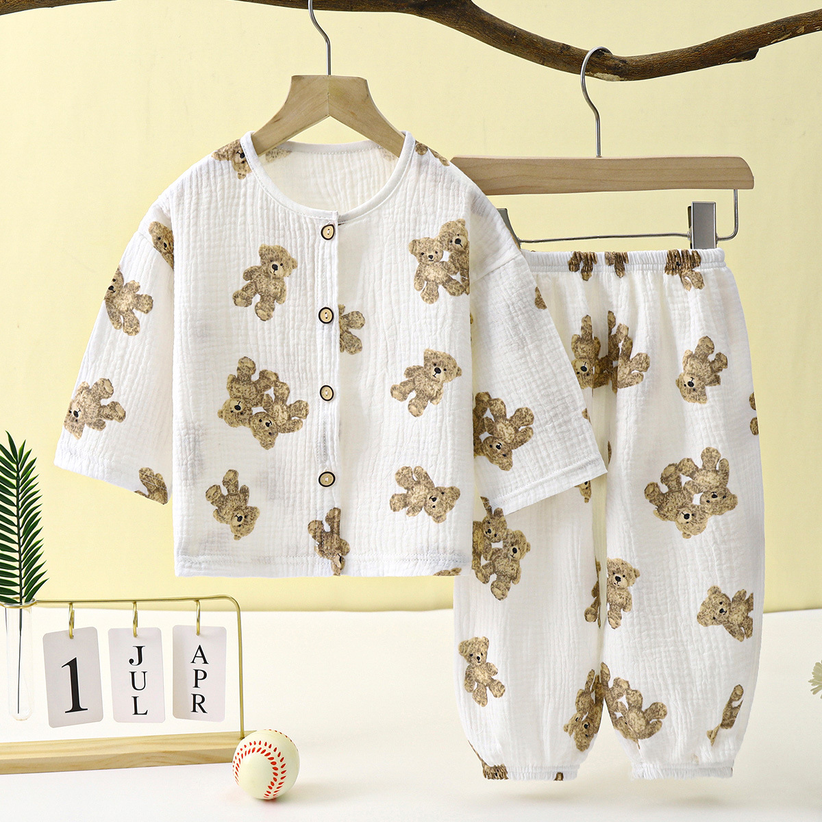 Picture of Children's Thin Double-Layer Gauze Pajamas Two-Piece Set Summer Girls Home Clothes Baby Boy Long-Sleeved Bloomers Set