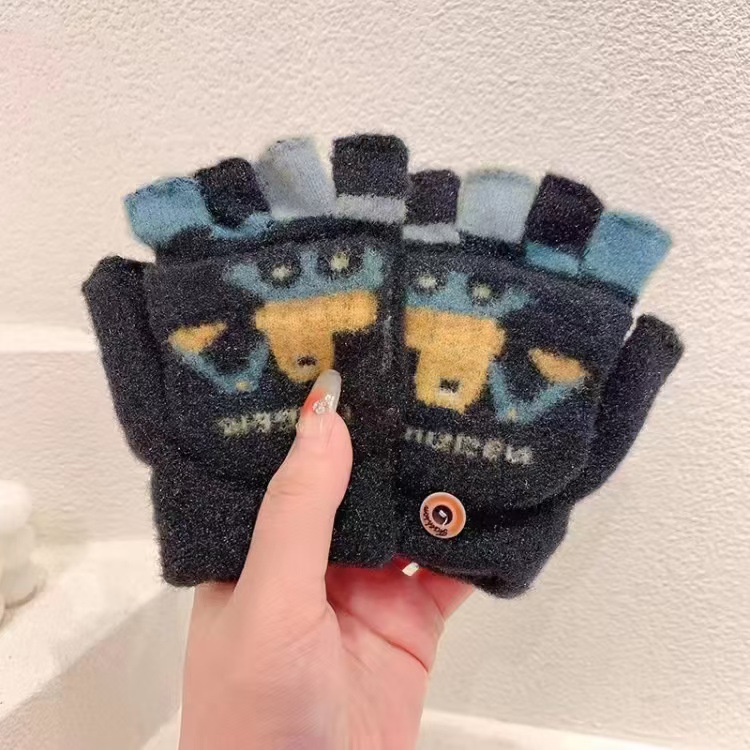 Picture of Children's flip gloves autumn and winter boys half finger warm cute Primary School students writing knitted dual-purpose gloves wholesale