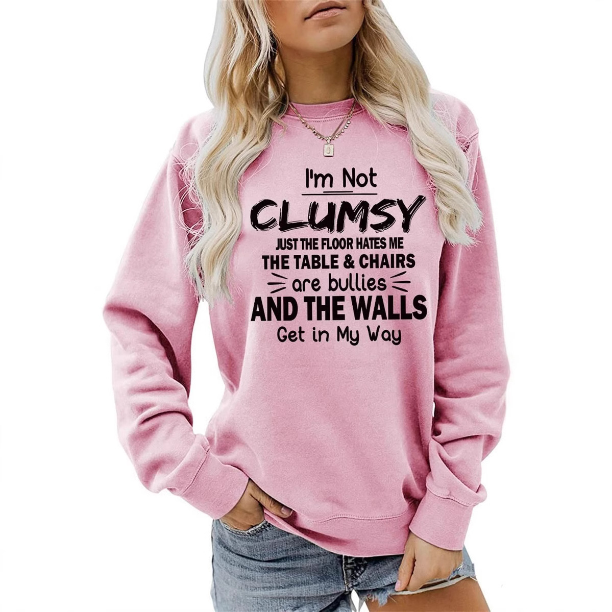 Cross-border Europe and the United States I'm not clumsy just printed round neck top sweater women's European size plus size