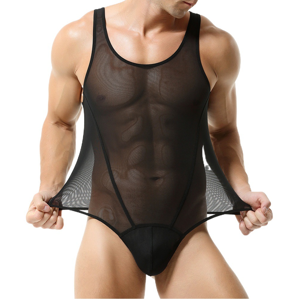 tauwell special for men black silk sexy vest jumpsuit men's pants mesh transparent sexy jumpsuit triangle