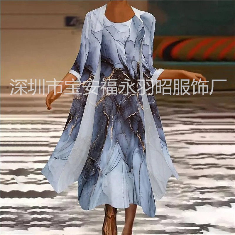 Women's dress suit two-piece chiffon printed round neck fashion dress autumn dress loose version