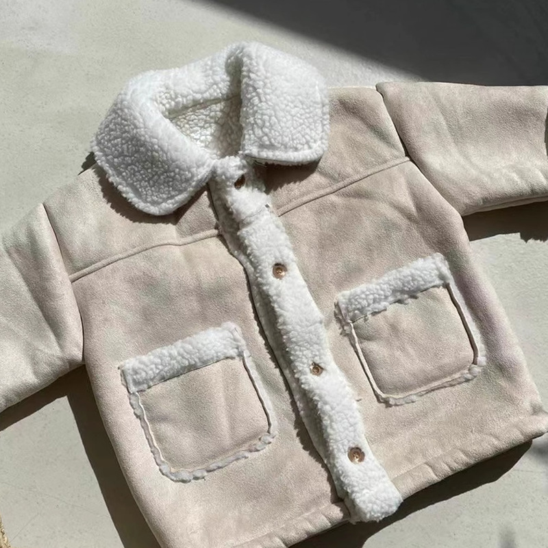 Picture of Korean Style Ins Children's Wear Winter New Color-block Cardigan fleece-lined Western Style Thickened Casual Lamb Wool Jacket for Boys and Girls