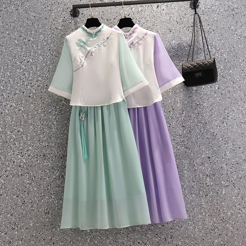 Picture of Cheongsam Top Embroidered Violet Dress Two-Piece Chinese Ethnic Costume Hanfu Improved Retro Zen Tea Suit for Summer
