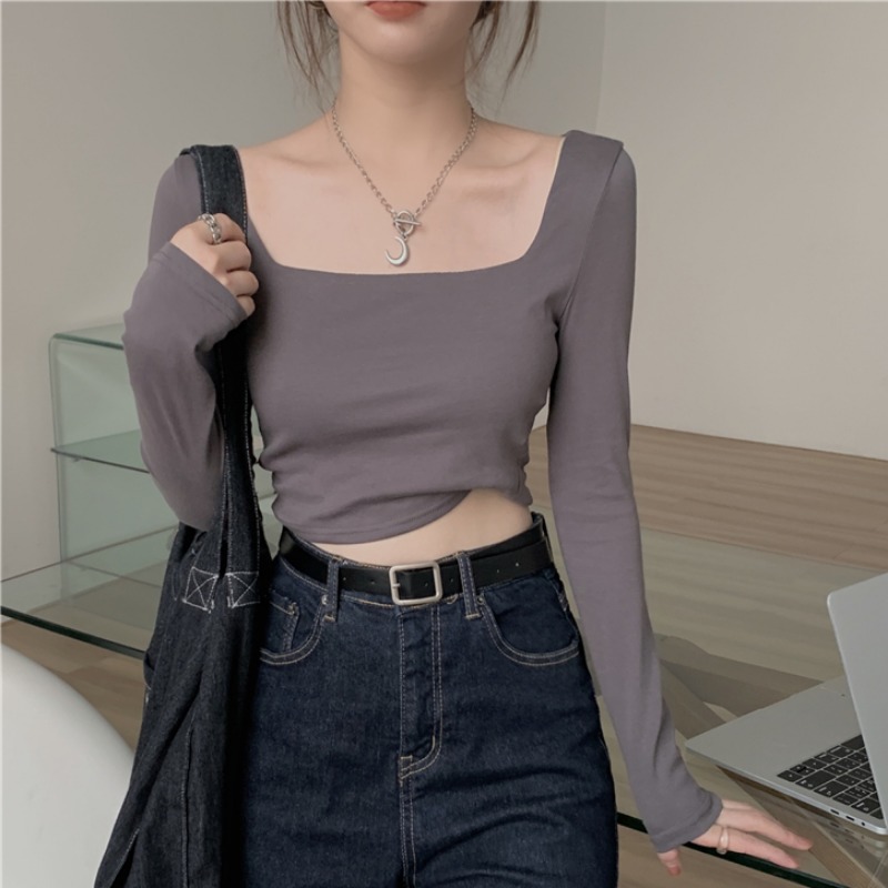 Early autumn hot girl square collar short top women's autumn 2024 new slim fit inner base shirt long sleeve T-shirt women