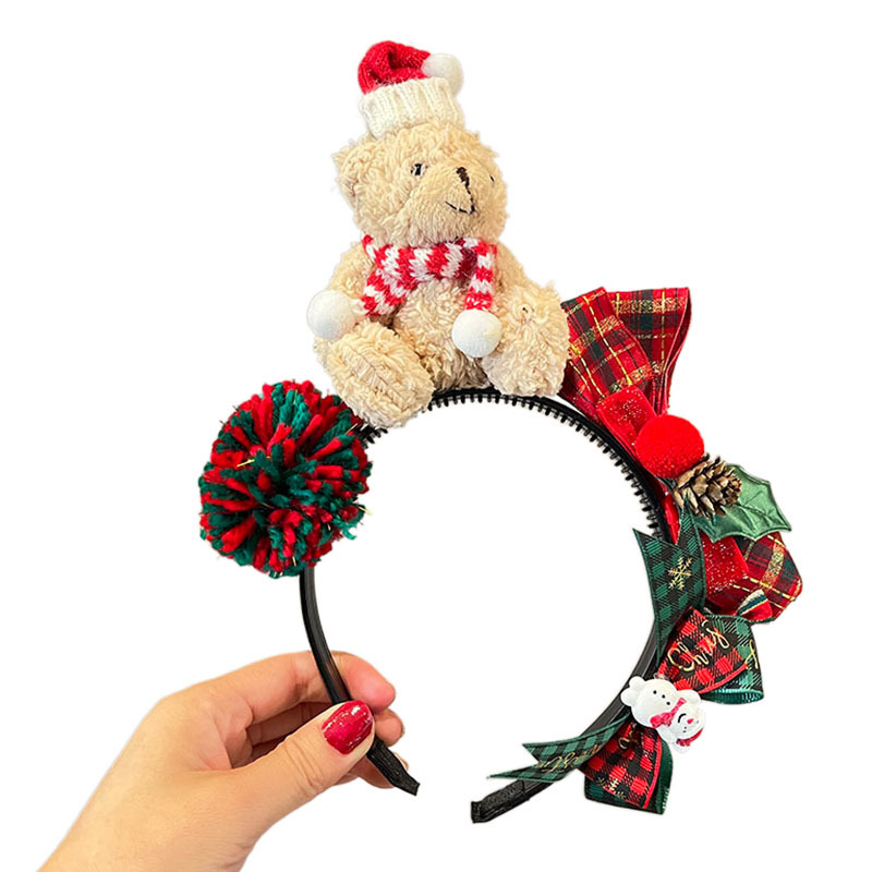 Picture of Cartoon super cute Christmas bear headband warm Christmas scarf bear headband red and green bow headwear