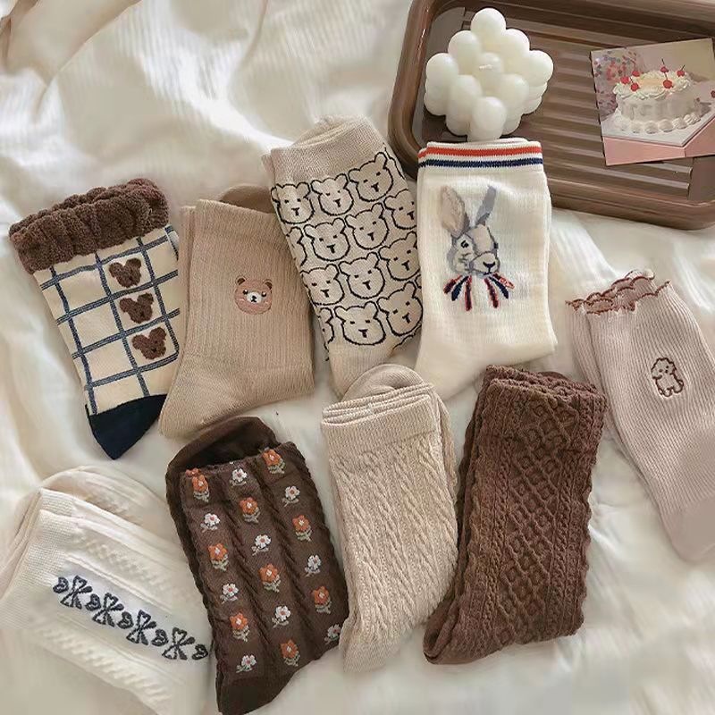Socks Women's Autumn Earth Color Socks Academy Style Trendy ins Japanese Style Cartoon Animal Curry Color Stockings