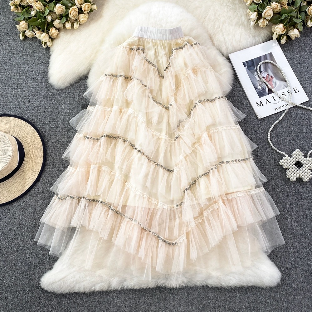 Cross-border fairy mesh skirt women's elastic waist slimming A- line Diamond-embedded gauze skirt long over-the-knee fluffy cake skirt summer