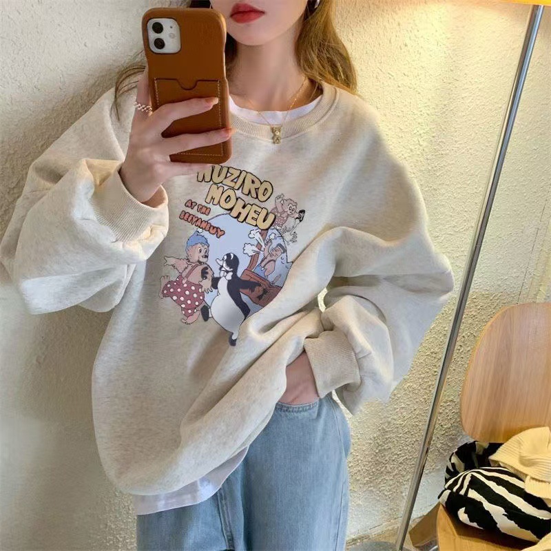 South Korea Dongdaemun 2024 Winter New Letter Printed Pullover Lazy Style Loose Round Neck Sweat Women's Top Trendy