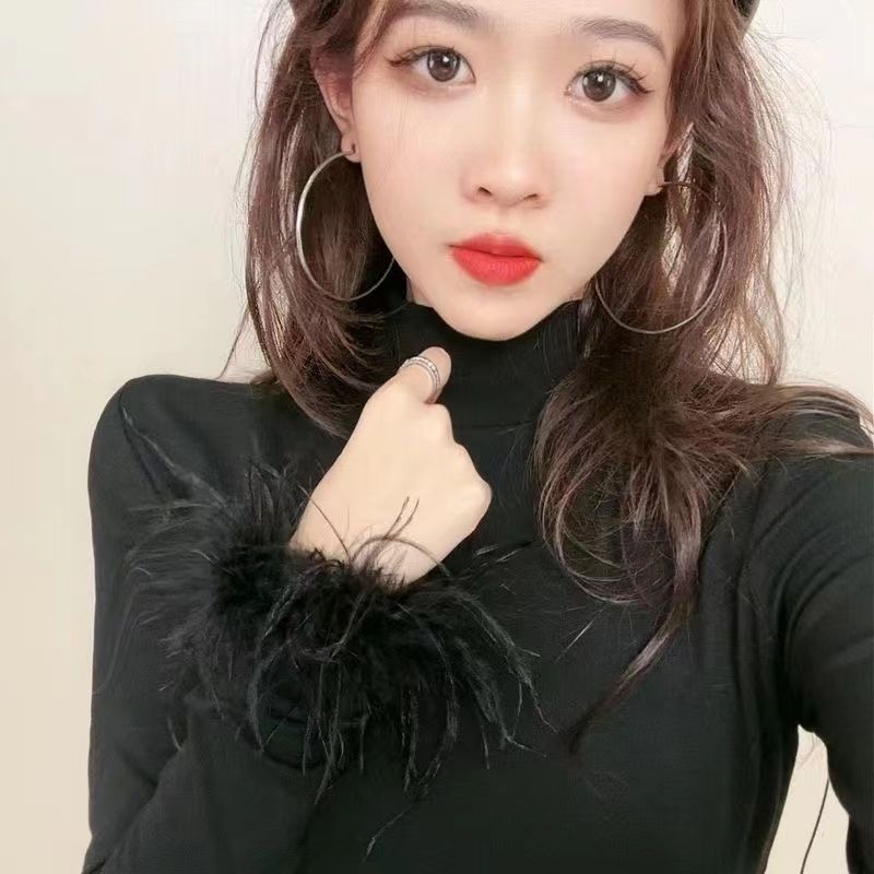 German velvet slim-fit stitching autumn and winter high collar western style 2024 base new design cuff fluffy long sleeve white top