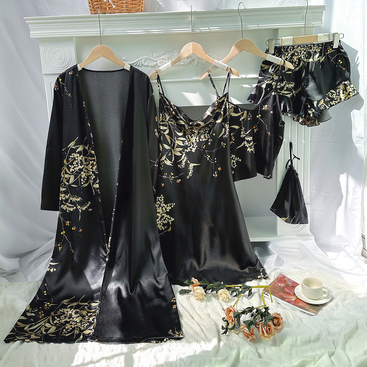 Camisole Women's All-Season Loungewear Tie Nightgown Five-Piece Set Thin Outerwear Mid-Length Pajama Set