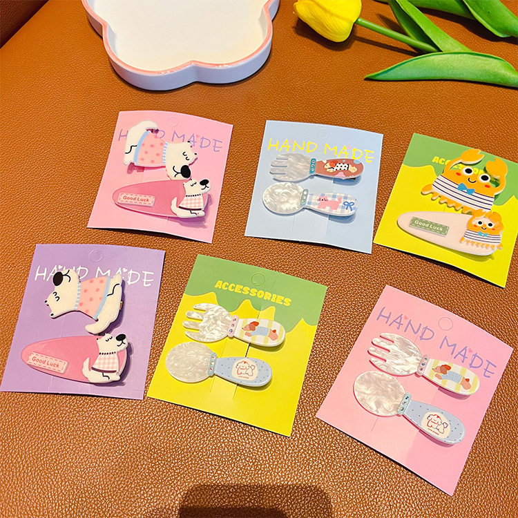 2 Pack Cute Cartoon Spoon Hairpin Polka Dot Puppy Cat Bangs Hairpin Side Hairpin Hair Accessories 2024 New
