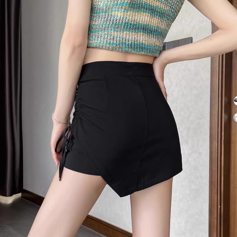 Summer New Black Suit Skirt Women's Slimming Hip Skirt Anti-running Irregular High Waist Drawstring Short Skirt