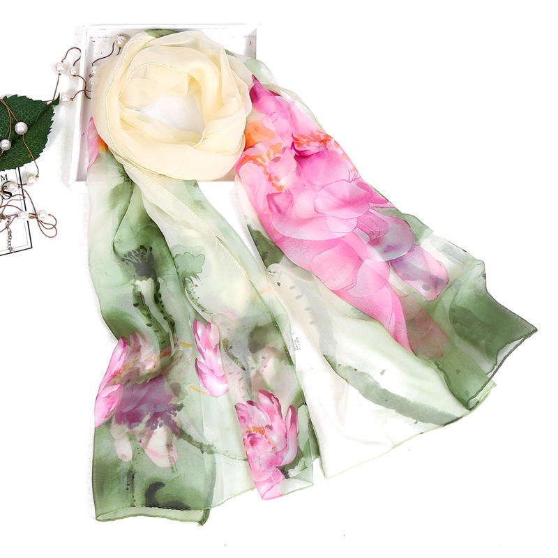 Spring and Autumn Women's Pastoral Silk Scarf Thin Qiaoqi Silk Scarf Korean Style Lady Ink Lotus Silk Scarf Wholesale