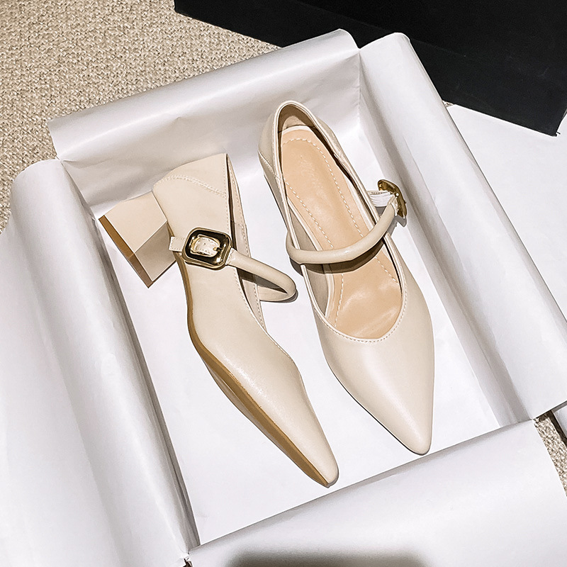 Soft Leather Shoes for Women 2024 New Summer Style Versatile Pointed Toe Shallow Mouth Thick Heel Not Tiring Feet French One-Line Buckle High Heels
